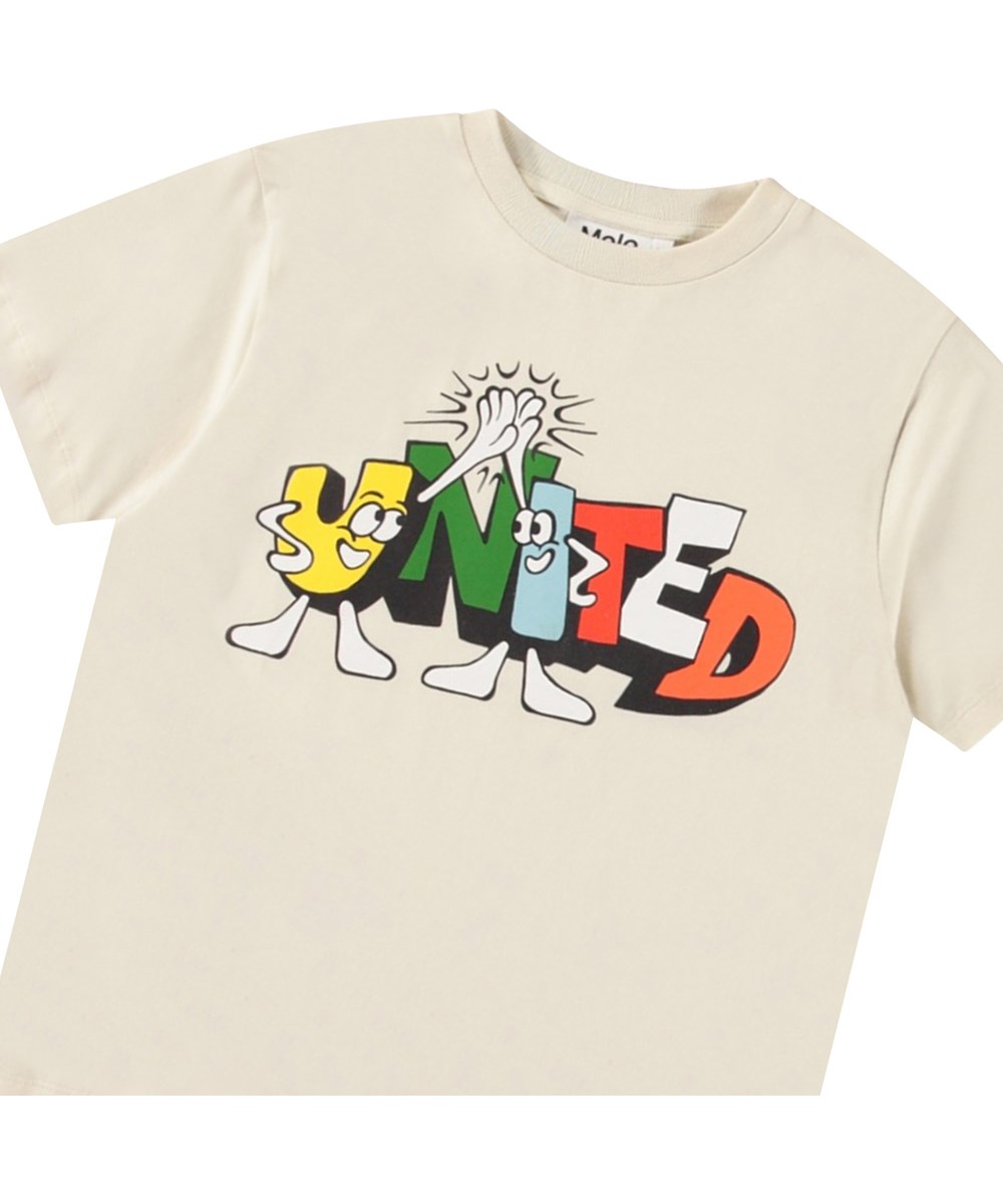 Rodney - United - Off-white t-shirt with print for children in organic cotton with short sleeves and ribbed neckline.