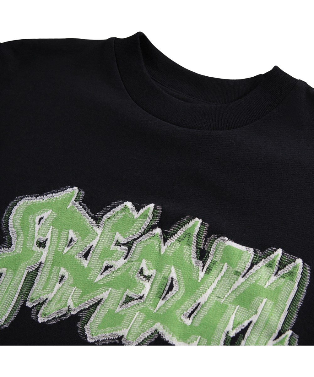 Rodney - Black - Black oversized T-shirt for children made of soft organic cotton with short sleeves and a ribbed neckline.