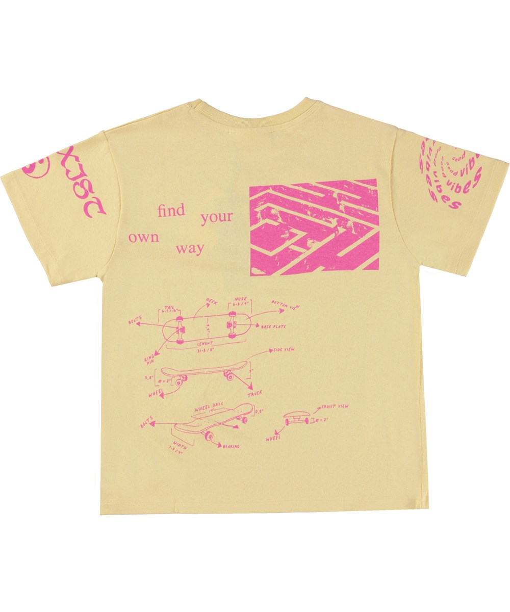Rodney - Pale Sun - Yellow t-shirt with pink skater placement print