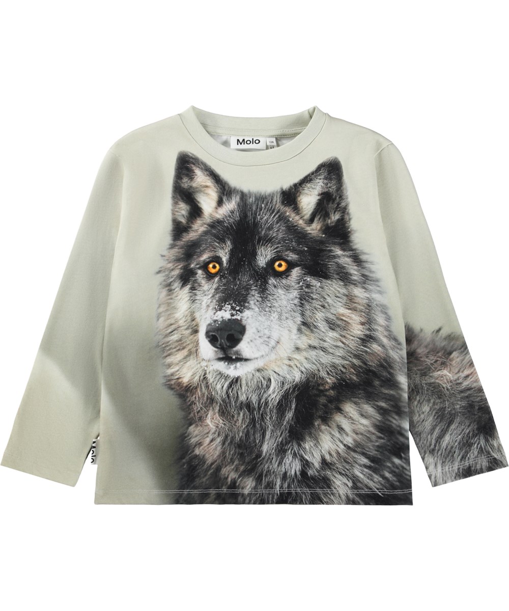 Rollo - Two Wolves - Beige long-sleeved top for children made of soft organic cotton with ribbed neckline and a print of two wolves.