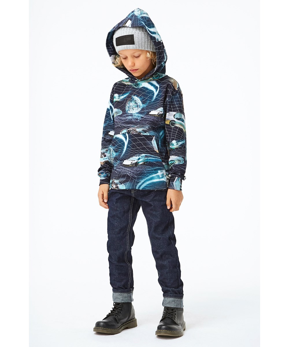 Romo - Time Machines - Organic hoodie with time travelling cars 