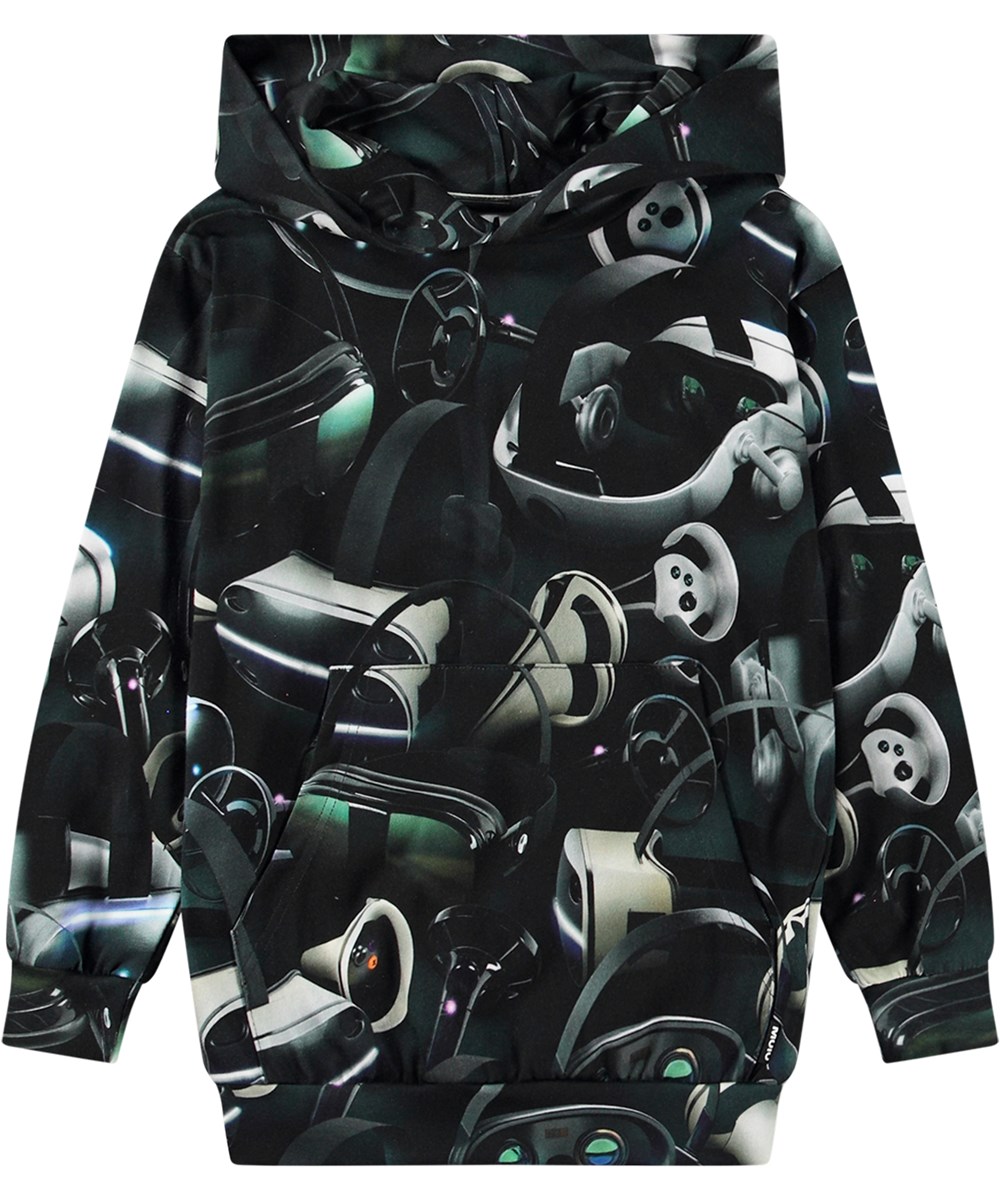 Romo - Virtual Reality - Black organic cotton hoodie with VR-inspired all-over print.