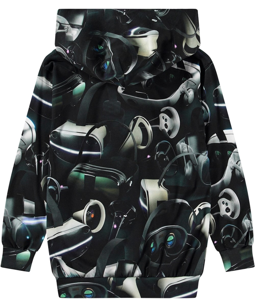 Romo - Virtual Reality - Black organic cotton hoodie with VR-inspired all-over print.