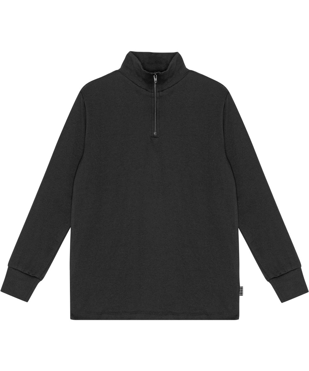 Rono - Black - Black organic cotton jersey top with high neck, zip, and long sleeves.