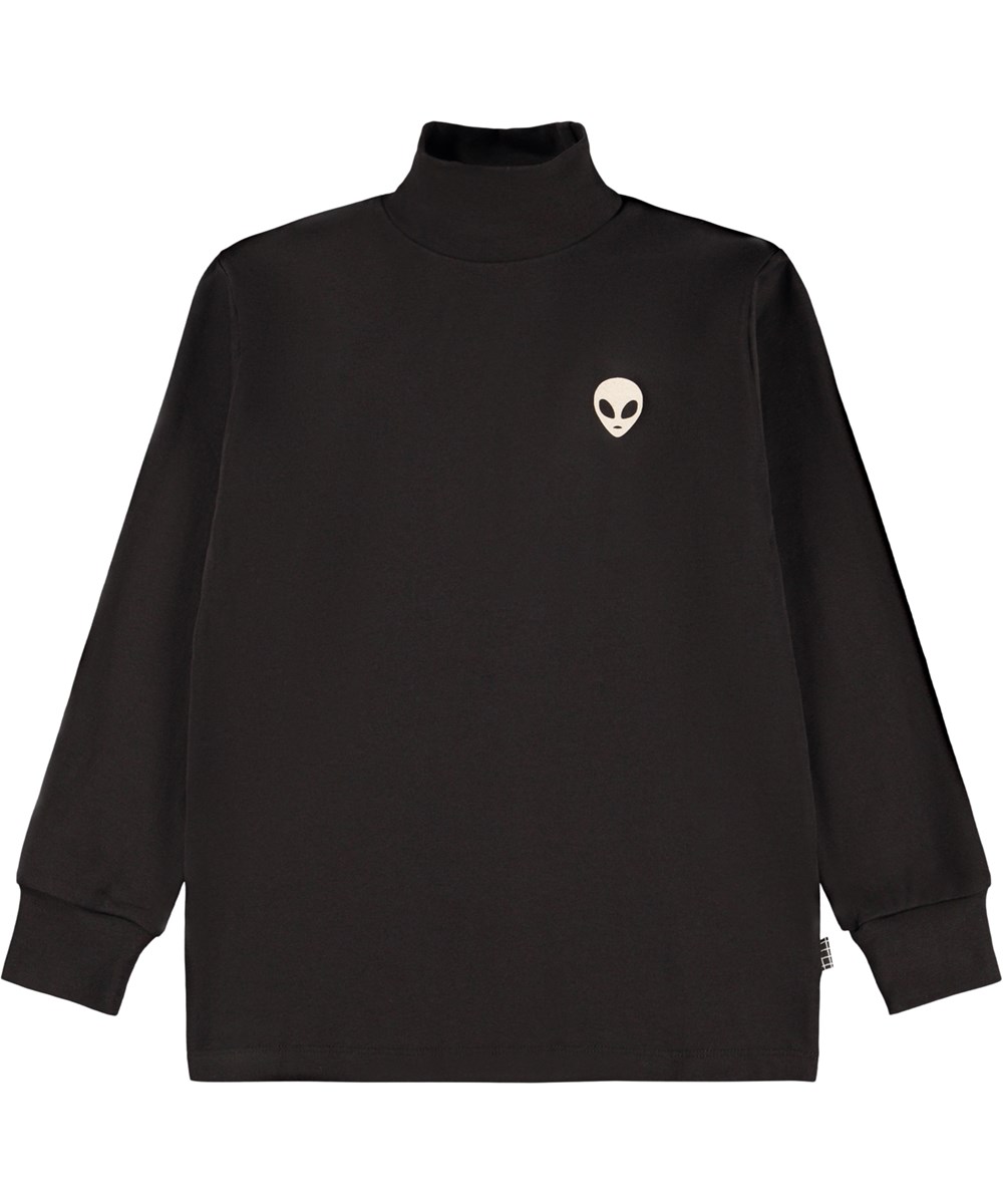 Ronoy - Black - Black long-sleeved turtleneck for children made of soft organic cotton. long-sleeved turtleneck has a loose fit, ribbed cuffs and a small embroidered alien face on the chest.