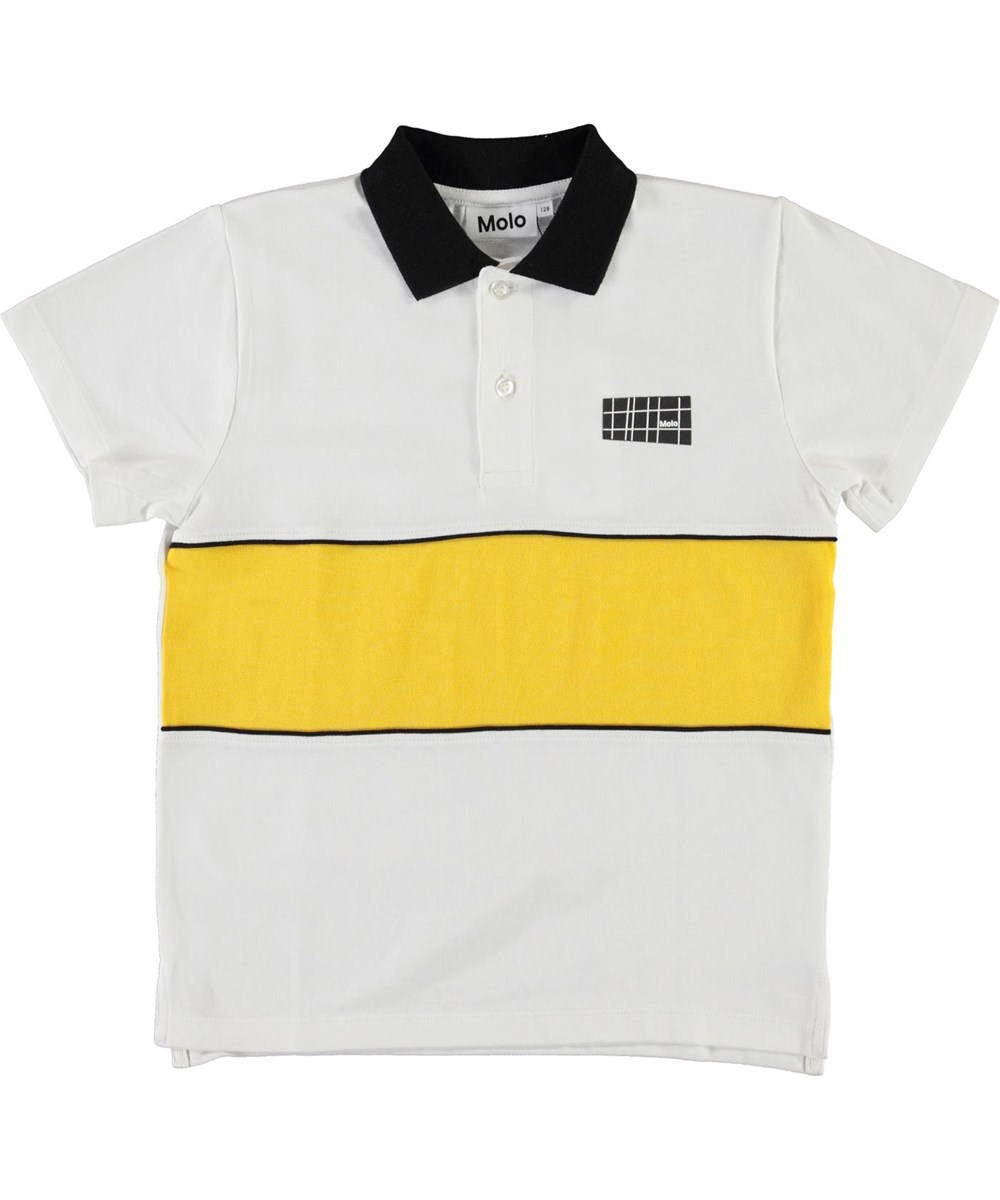 Row - White - Organic polo t-shirt with yellow stripe