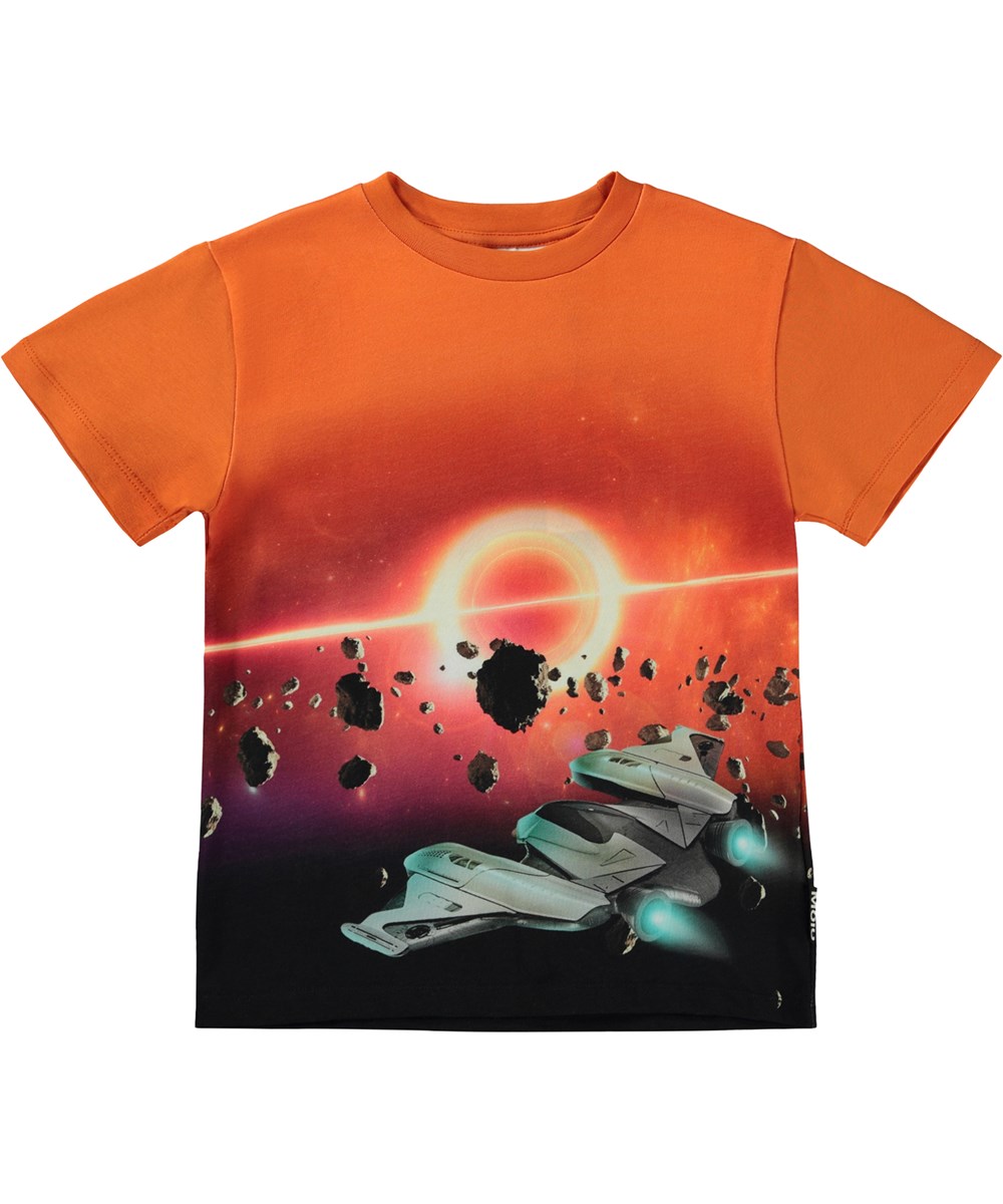 Roxo - Sun Power - Orange organic t-shirt with space and UFO print