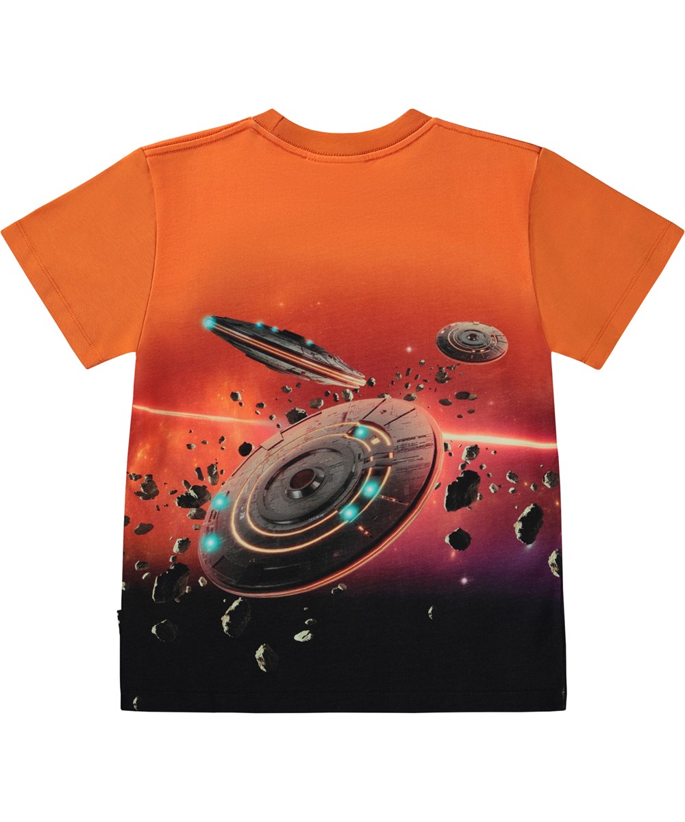 Roxo - Sun Power - Orange organic t-shirt with space and UFO print