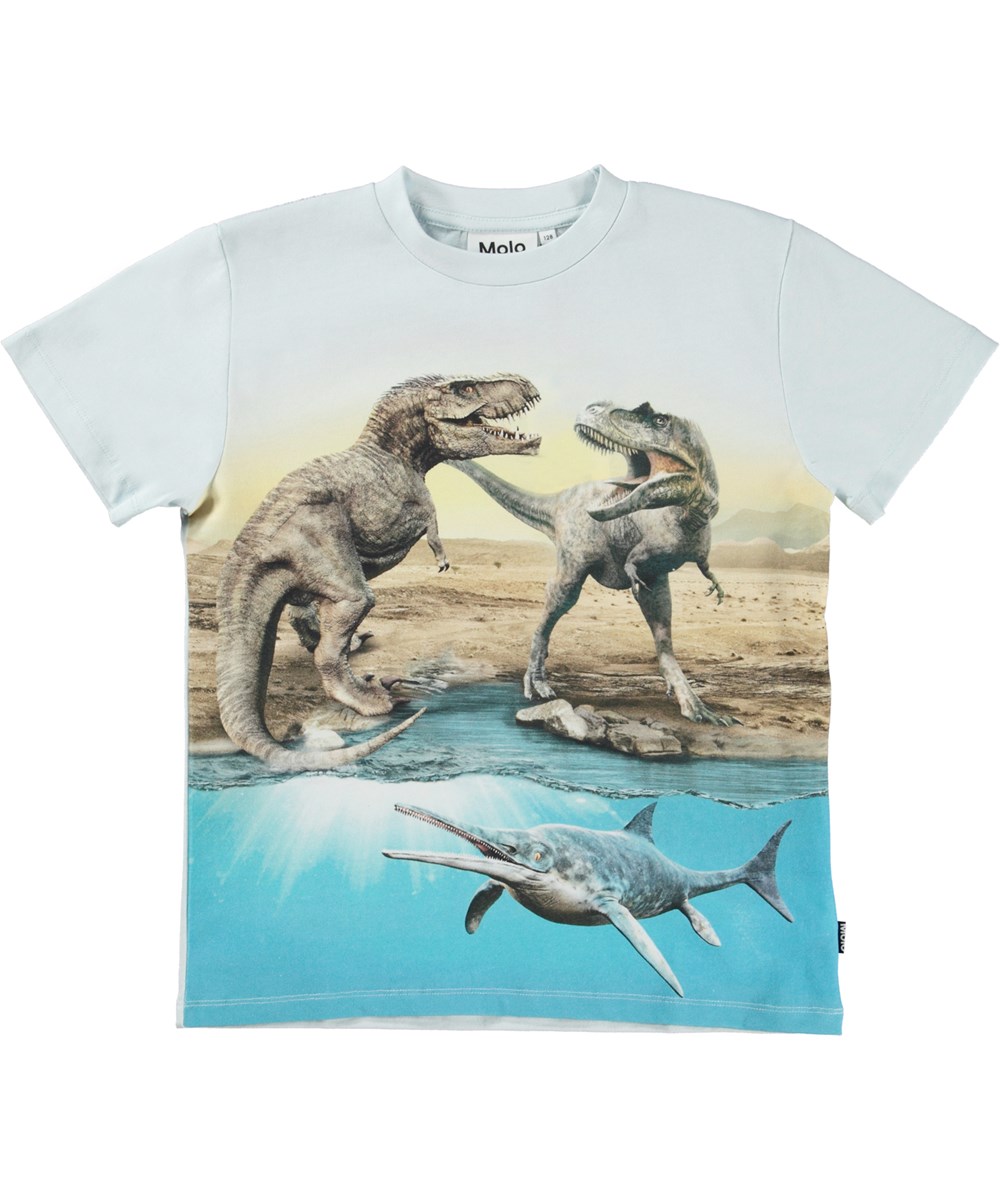 Roxo - Carnivores - Light blue organic t-shirt with T-Rex dinosaur print