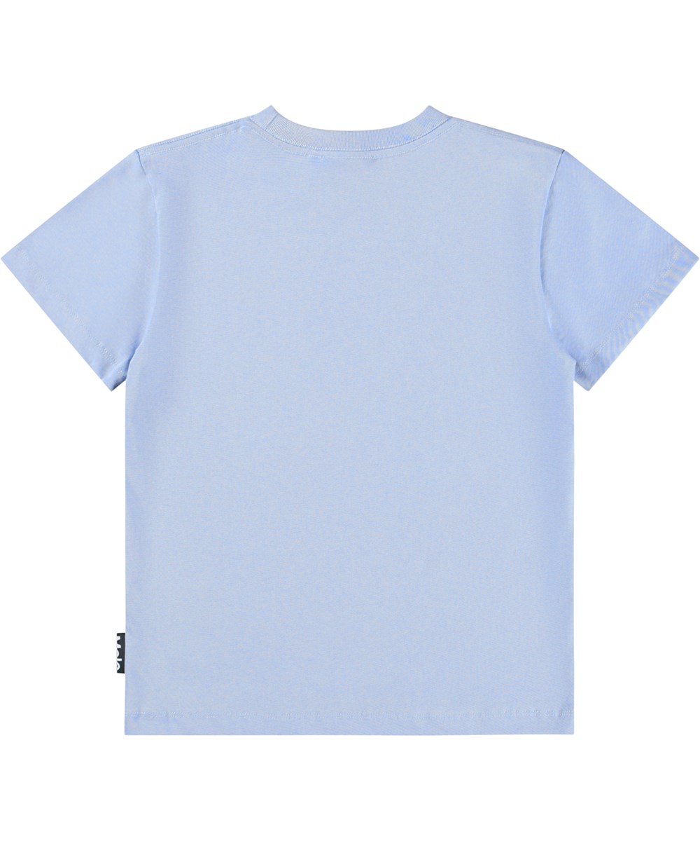 Roxo - Dino Blue Moon - Light blue loose fit T-shirt for children made of soft organic cotton with short sleeves and a ribbed neckline.