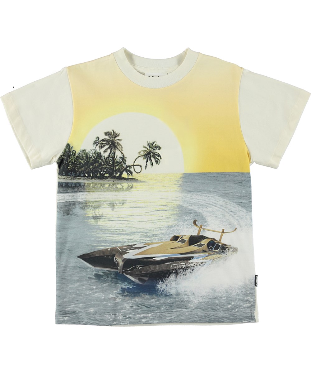 Roxo - Island Cruise - T-shirt with speed boat, palm trees and sunset print 