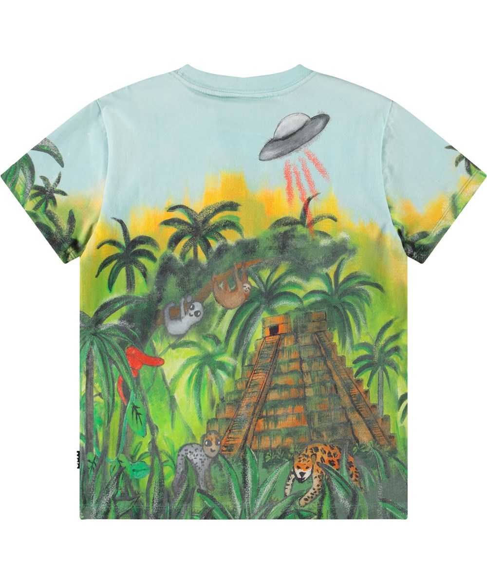 Roxo - Jungle Visitors - Light blue t-shirt for children in organic cotton with short sleeves, ribbed neckline, and a loose fit.