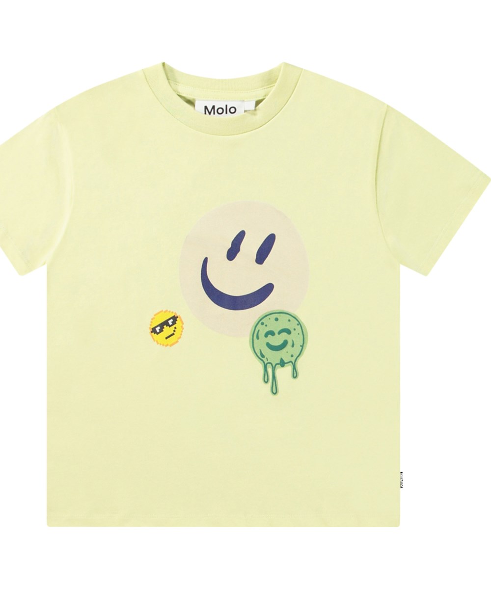 Roxo - Sticker Smile - Yellow T-shirt for children in organic cotton with short sleeves and ribbed neckline.