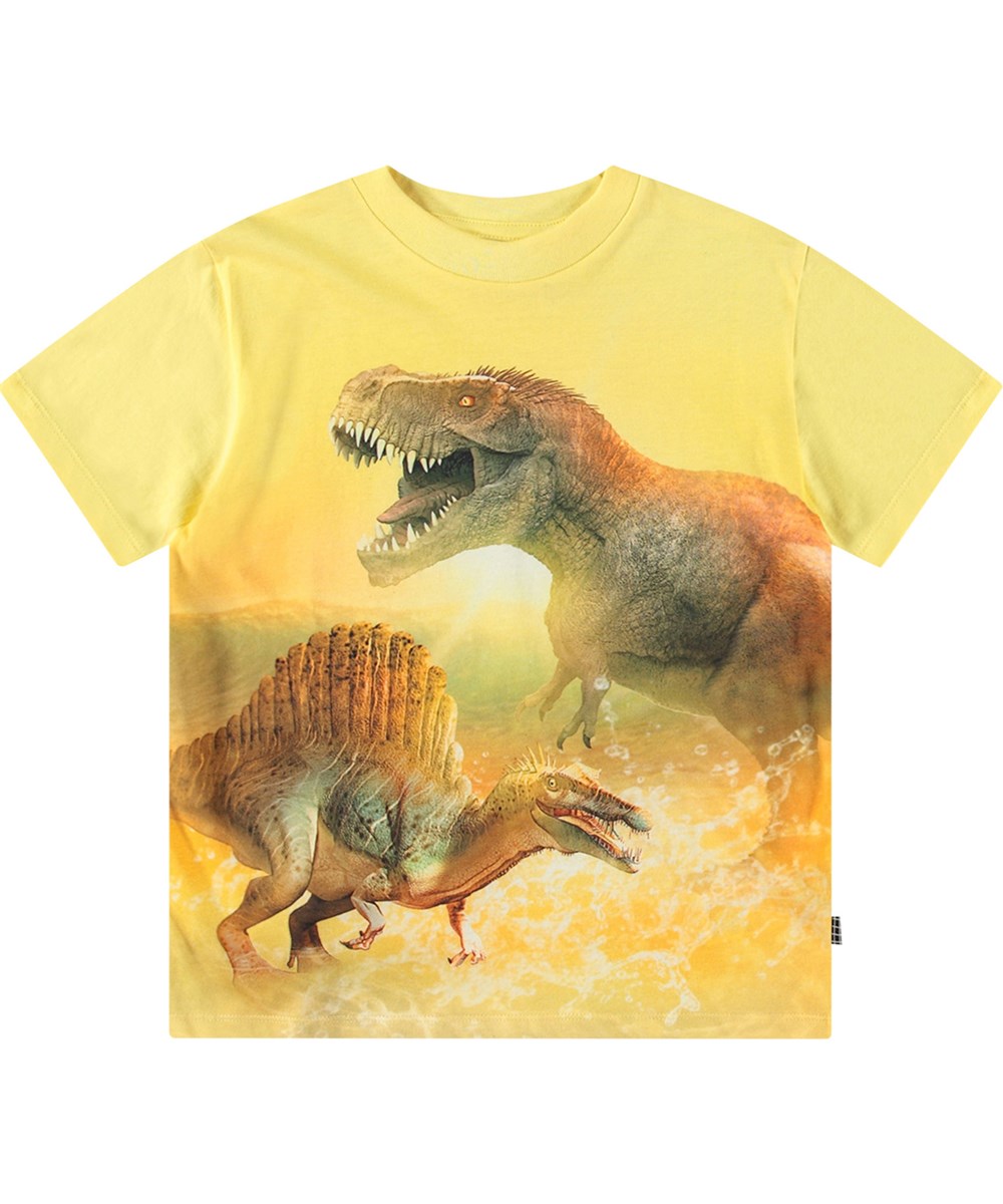 Roxo - Sunny Dinos - Yellow t-shirt for children in organic cotton with short sleeves, ribbed neckline, and a loose fit.