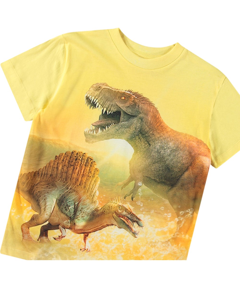 Roxo - Sunny Dinos - Yellow t-shirt for children in organic cotton with short sleeves, ribbed neckline, and a loose fit.