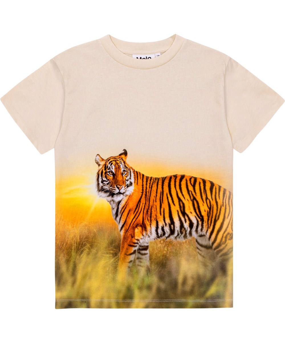 Roxo - Tiger Sand - Beige and orange, organic t-shirt with placement tiger print