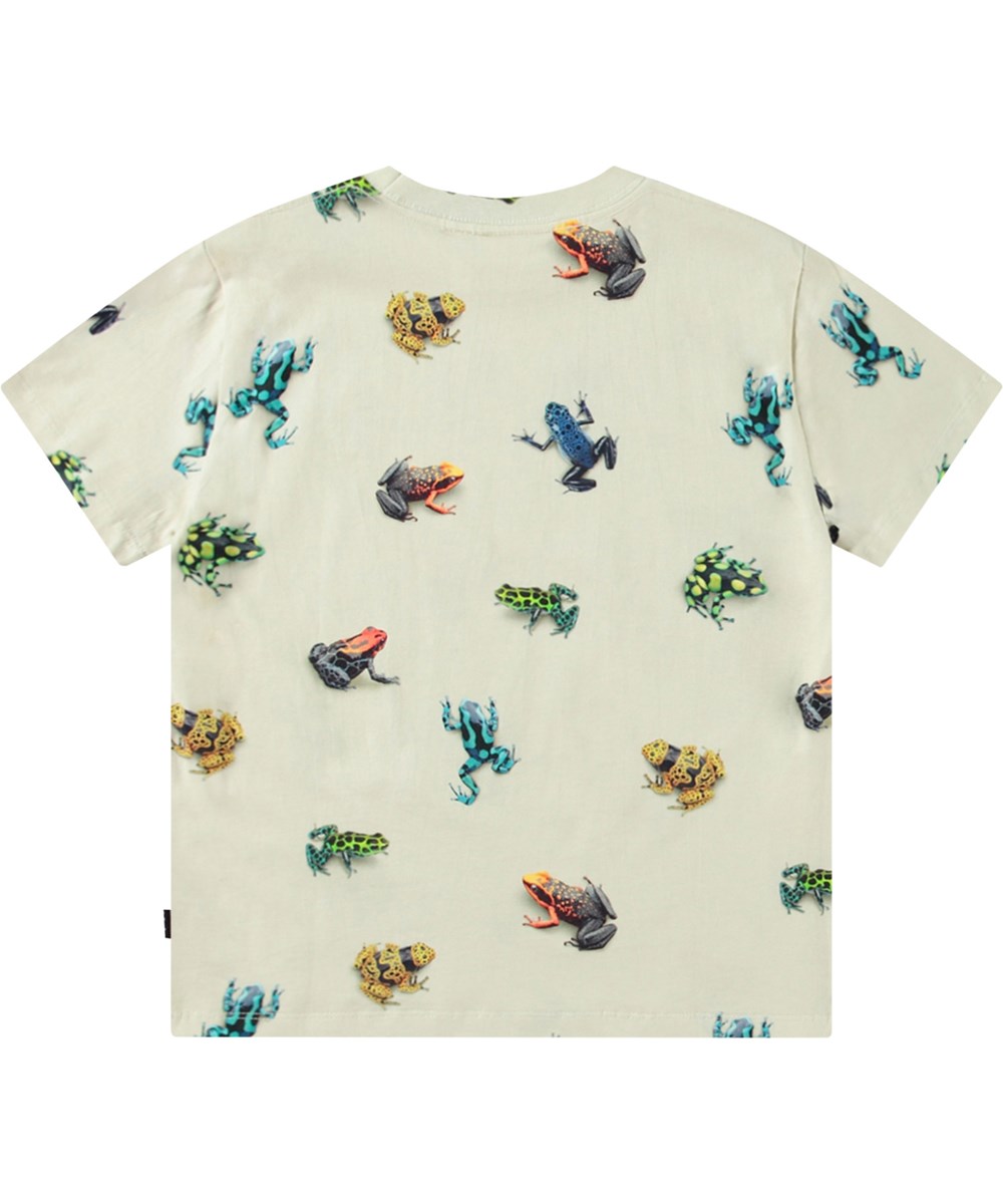 Roxo - Vibrant Frogs - Off-white t-shirt for children in organic cotton with short sleeves, ribbed neckline, and a loose fit.