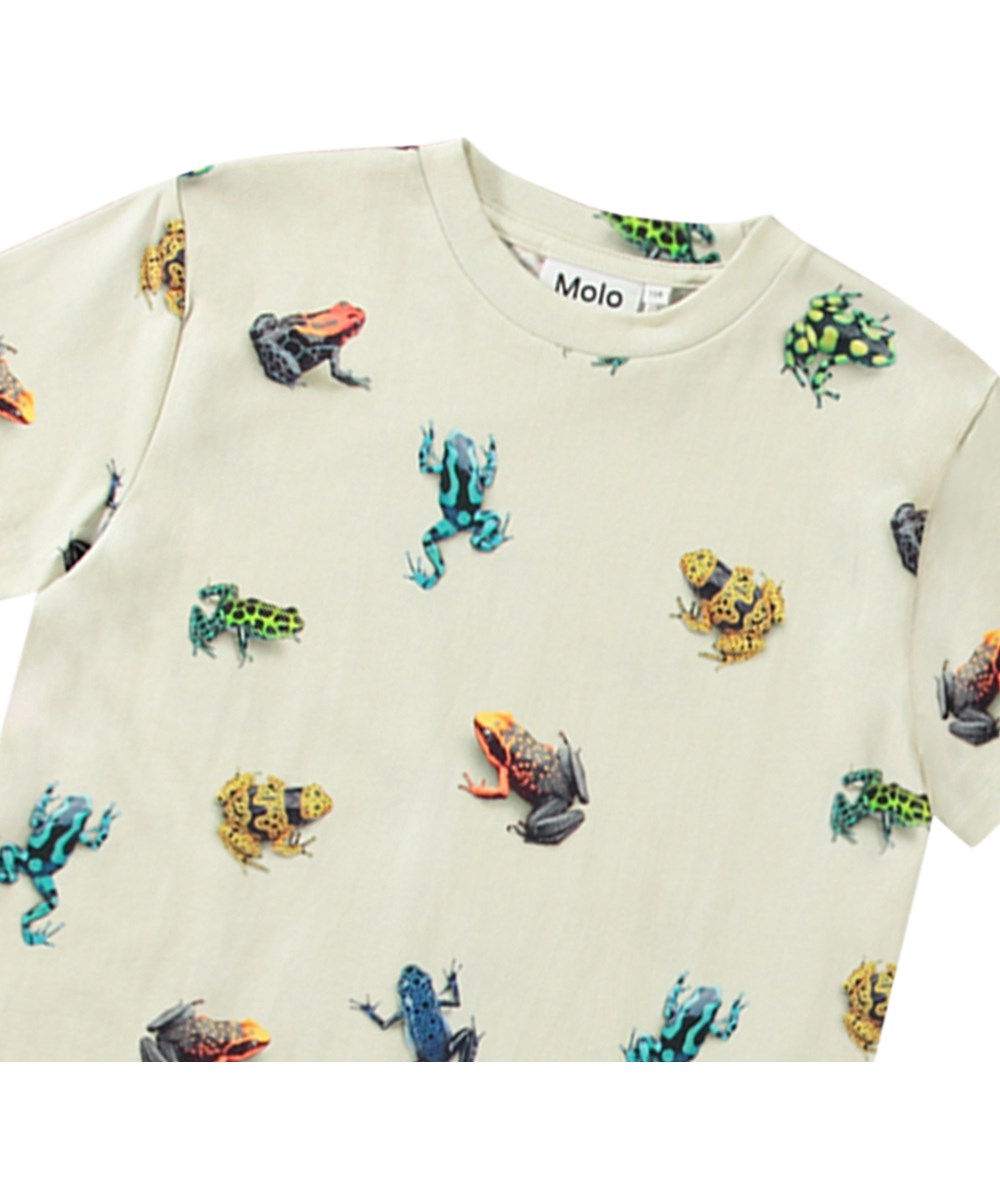 Roxo - Vibrant Frogs - Off-white t-shirt for children in organic cotton with short sleeves, ribbed neckline, and a loose fit.