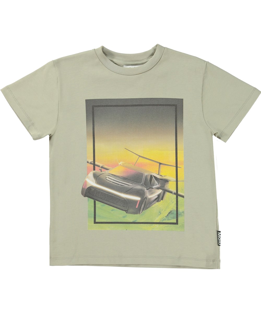 Roxo - Fly Car - Green organic t-shirt with flying car print
