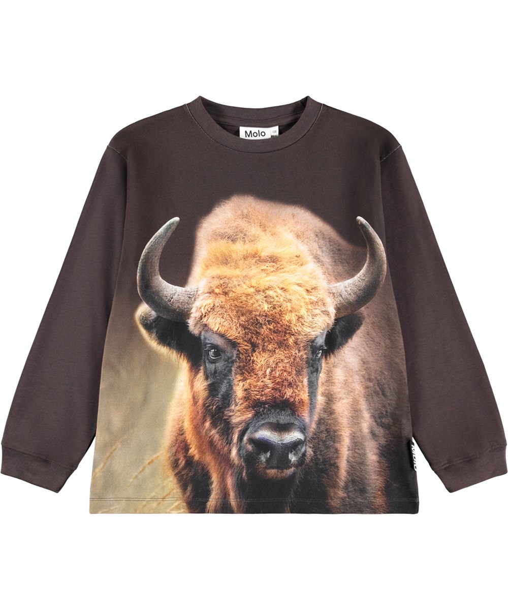 Rube - Bison Encounter - Dark brown, long-sleeved top for children made of organic cotton with a ribbed neckline and a front print of a bison ox.