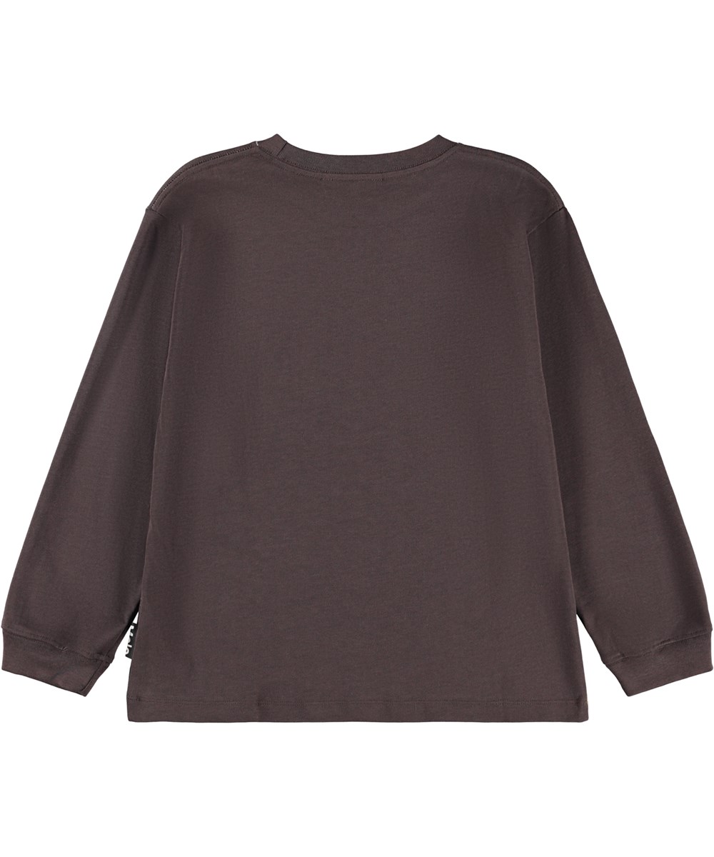 Rube - Bison Encounter - Dark brown, long-sleeved top for children made of organic cotton with a ribbed neckline and a front print of a bison ox.