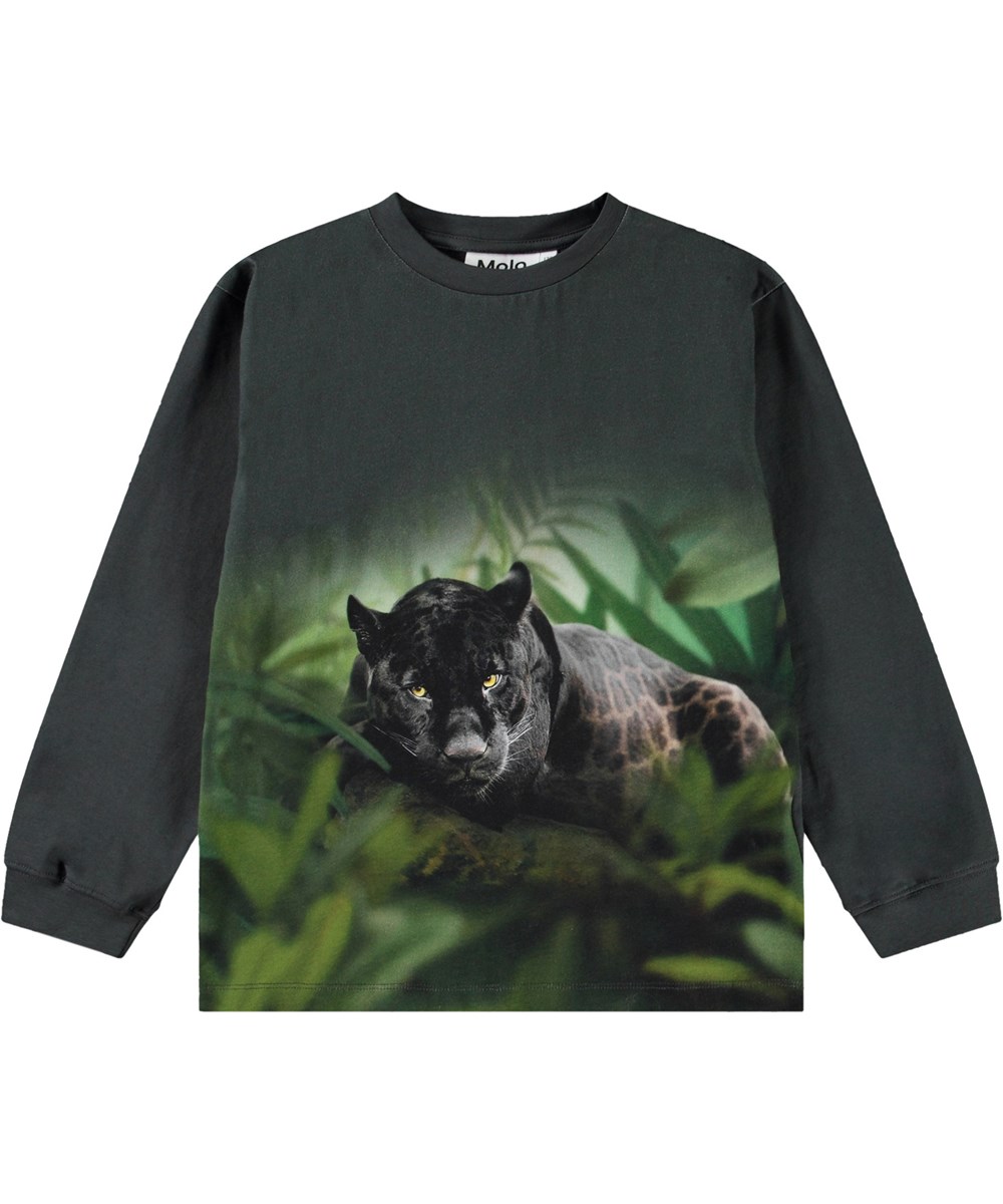 Rube - Black Jaguar - Dark grey long-sleeved blouse for children in organic cotton with ribbed trim on the neckline and sleeves, as well as a loose fit.