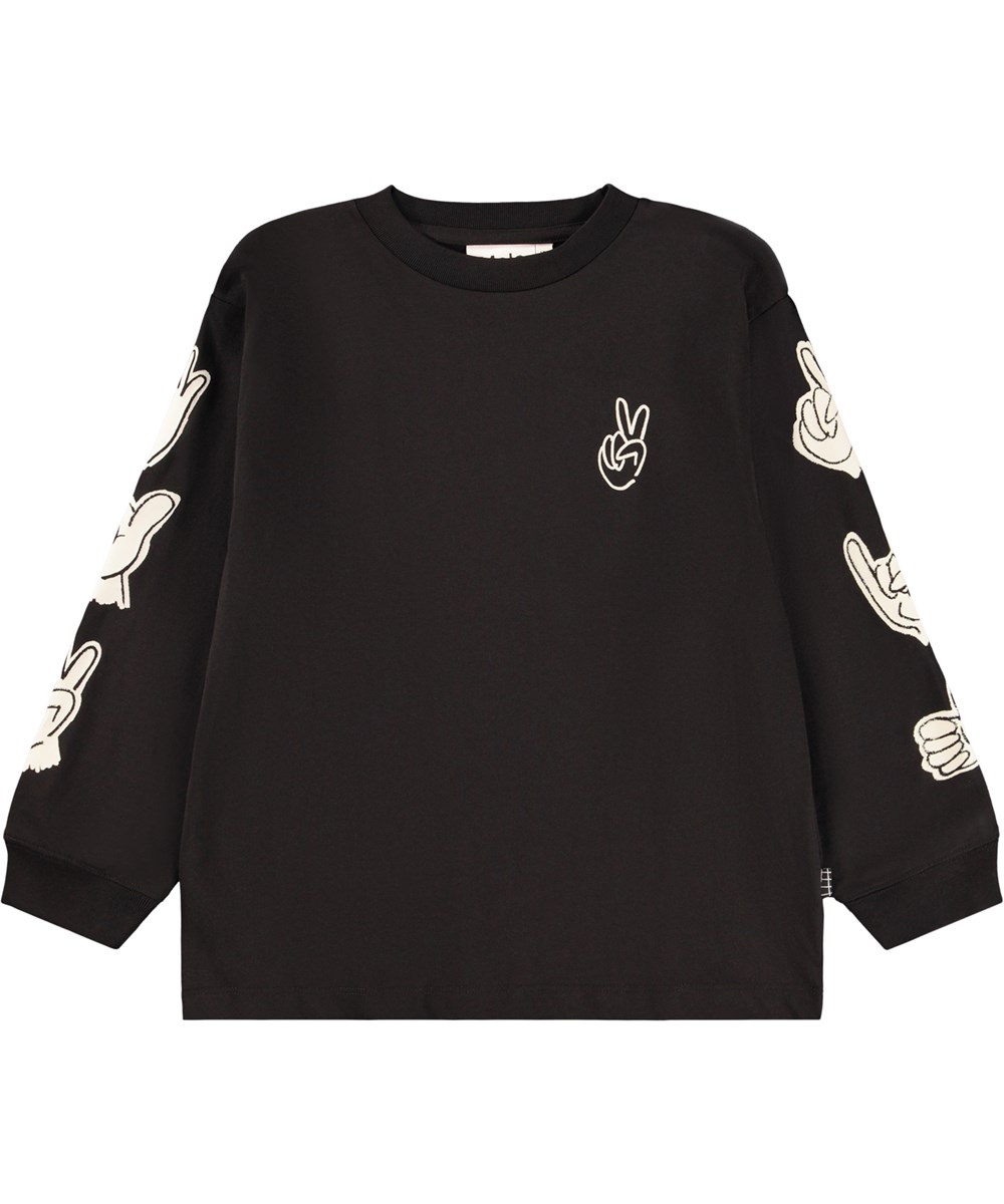 Rube - By Hands - Black, long-sleeved top for children made of organic cotton with a ribbed neckline and sleeves with a print of cute and funny hand signs.