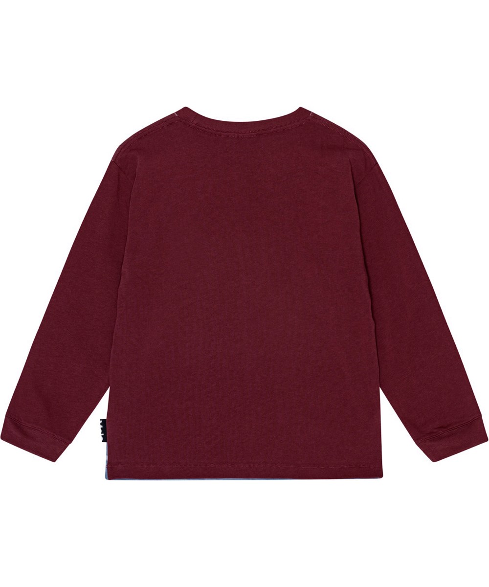 Rube - Fast Game - Bordeaux top in organic cotton with race car print.