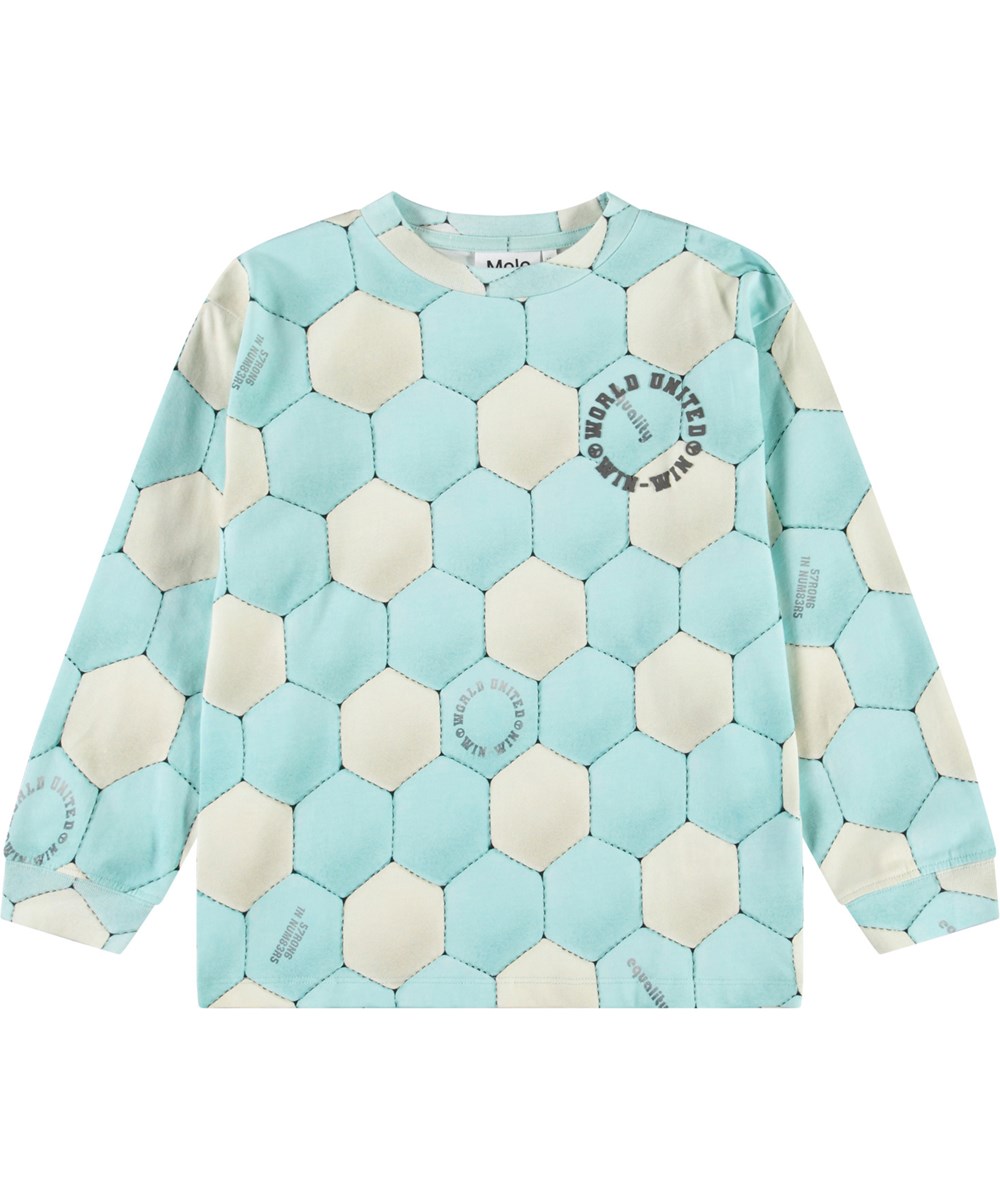 Rube - Football Aqua - Blue and beige long-sleeved top for children in organic cotton with ribbed trim on the neckline and sleeves, as well as a loose fit.