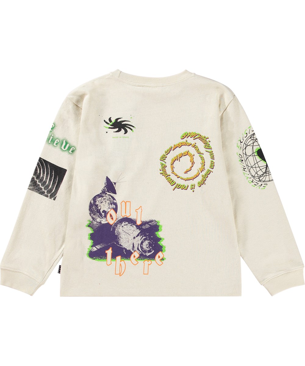 Rube - Graphic Space - Off-white organic cotton top with long sleeves and multicoloured space print.