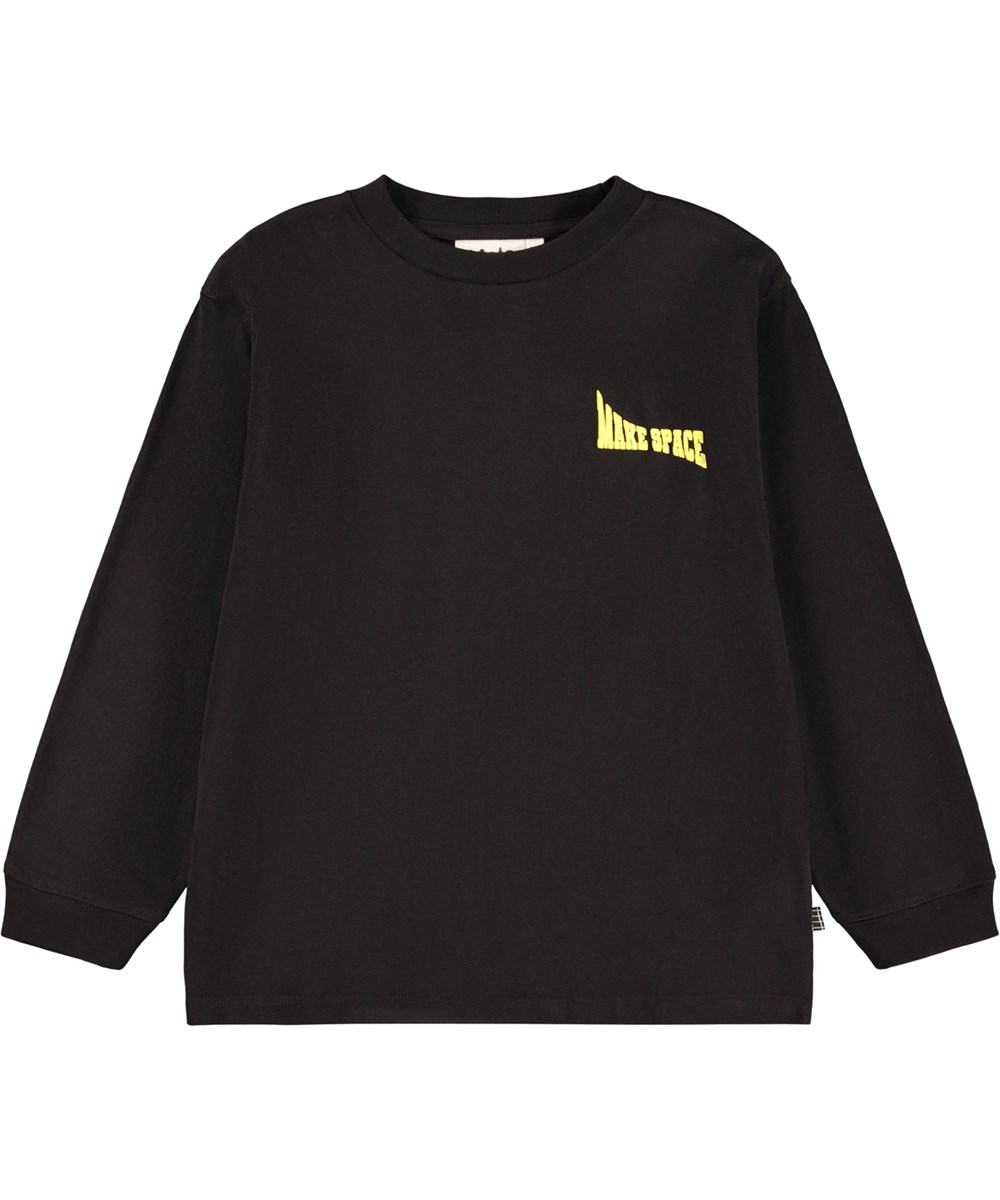 Rube - Make Space Moon - Black, long-sleeved top for children made of organic cotton with a ribbed neckline and sleeves and a yellow rubber moon print on the back.