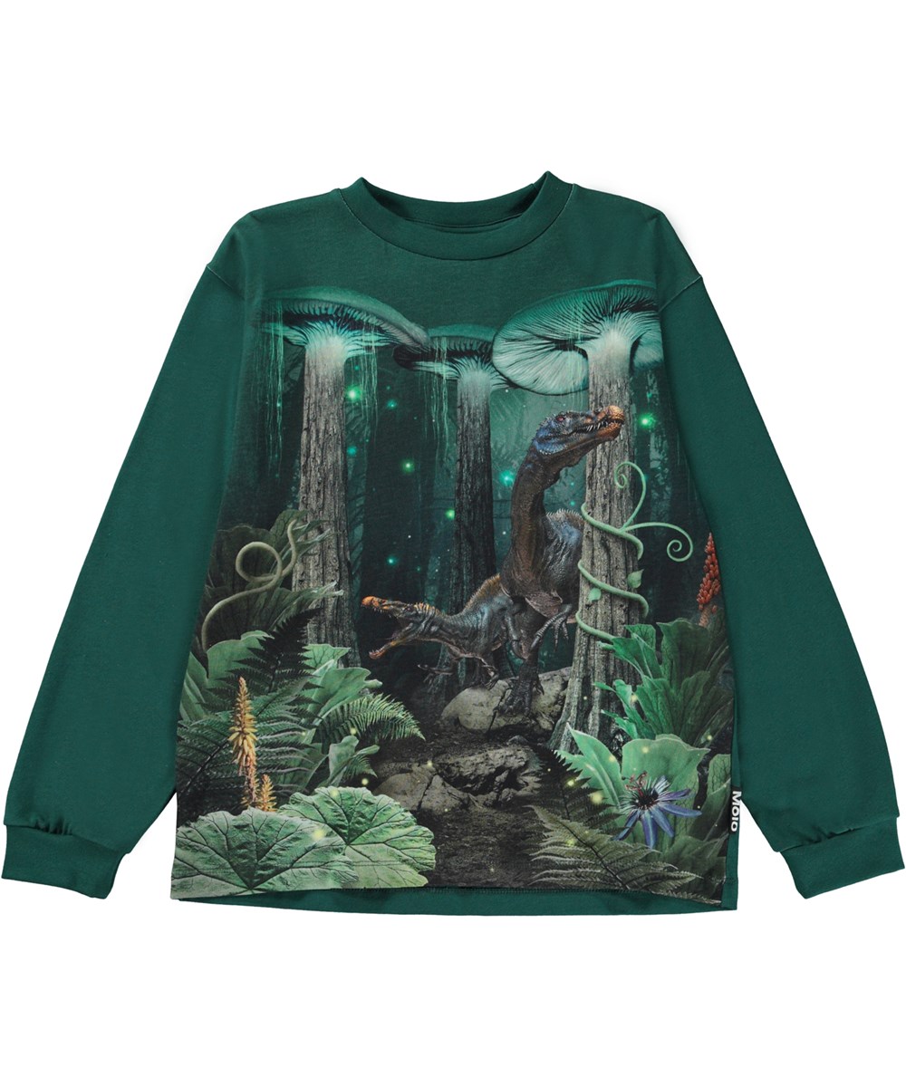 Rube - Nighttime Dinos - Green organic t-shirt with long sleeves and dinosaur print