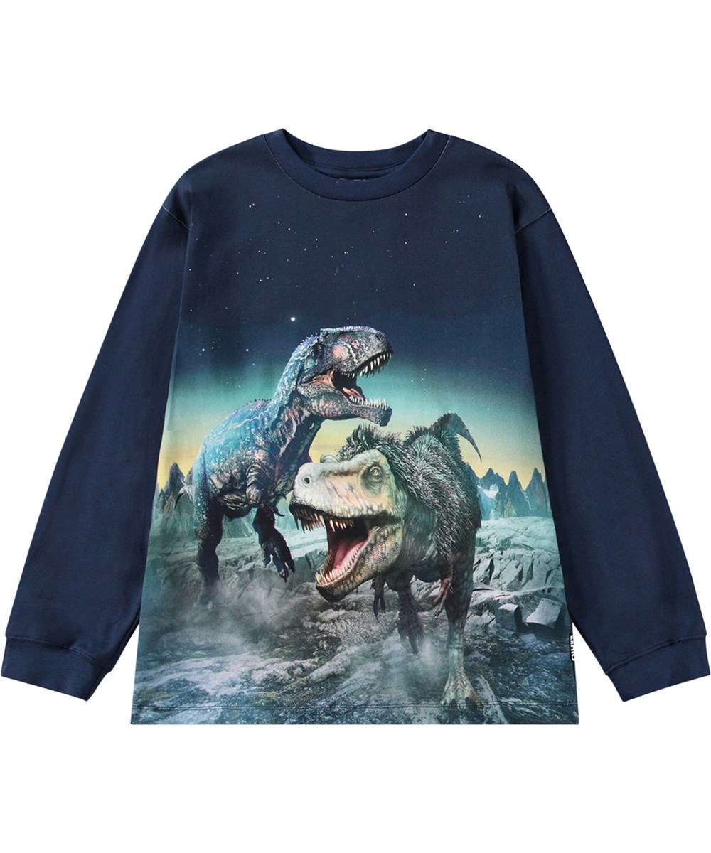 Rube - Playing Dinos - Dark blue organic cotton top with long sleeves and placement print.