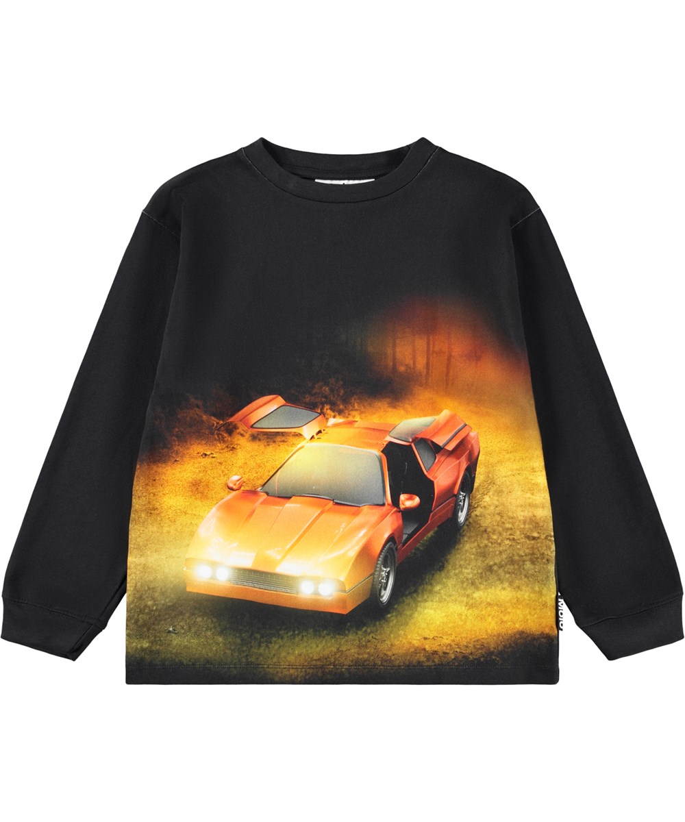 Rube - Red Car - Black, long-sleeved top for children made of organic cotton with a ribbed neckline and front print of a red sports car in a dark forest.