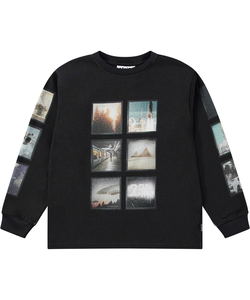 Rube - Screens Placed - Long-sleeved black top with placed sci-fi print.