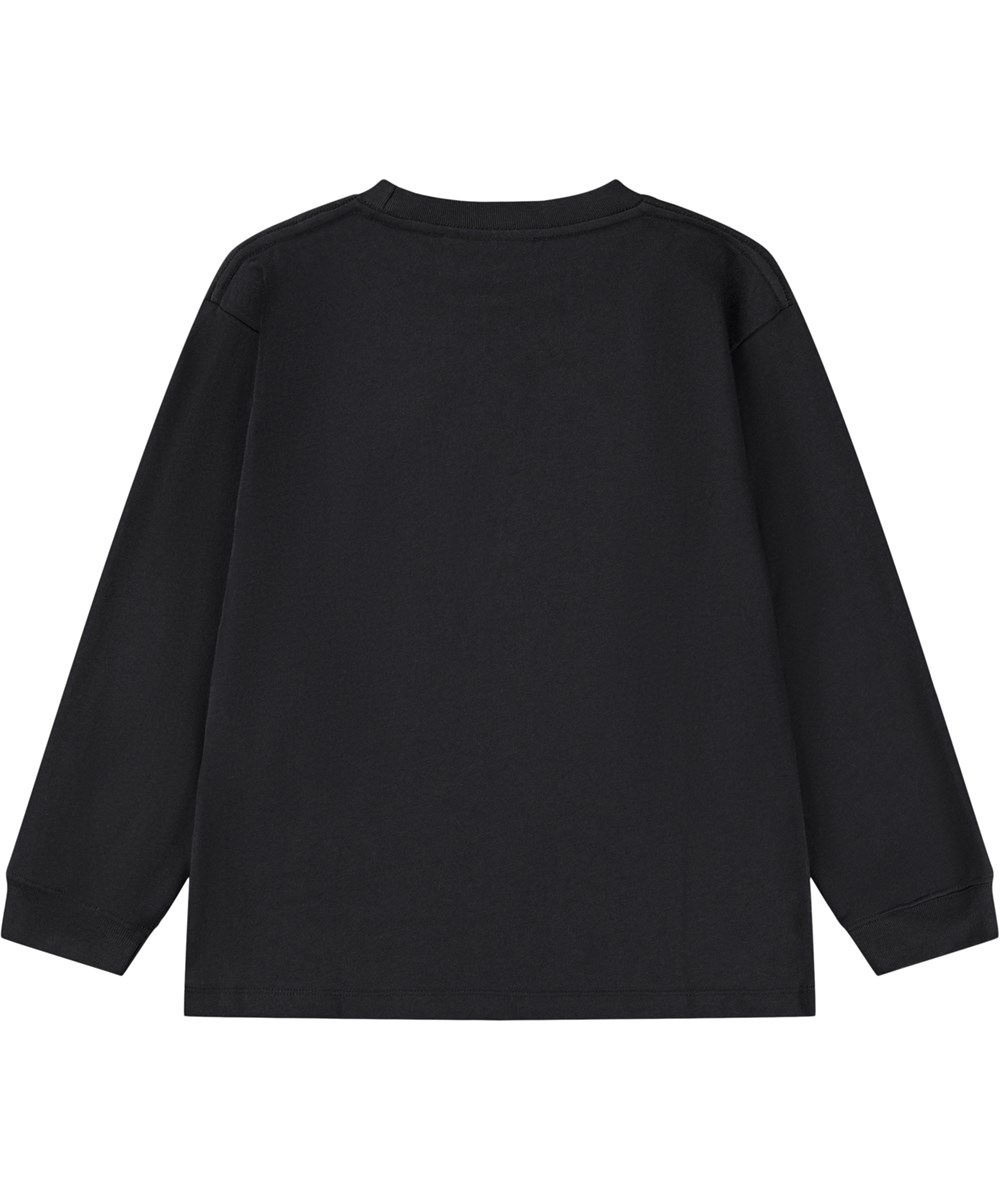 Rube - Skate Cat - Black, long-sleeved top for children made of organic cotton with a ribbed neckline and front print of a cat on a skateboard.