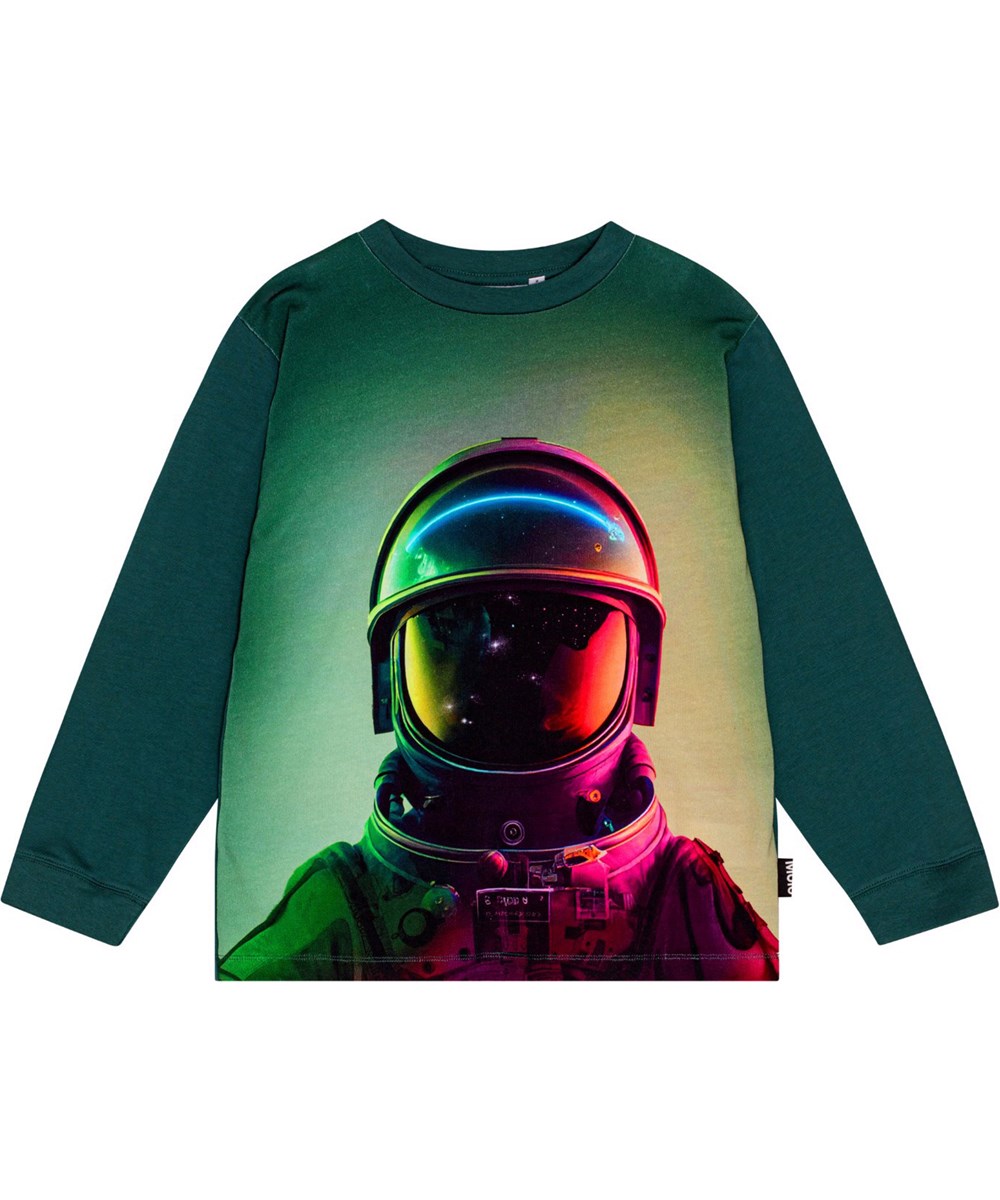 Rube - Space Helmet - Green long-sleeved top in organic cotton with an astronaut print.