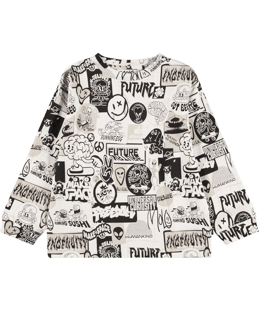 Rube - Sticker Wall - Off-white, long-sleeved top for children made of organic cotton with a ribbed neckline and prints of black, white, and beige stickers with fun and sweet statements about life.