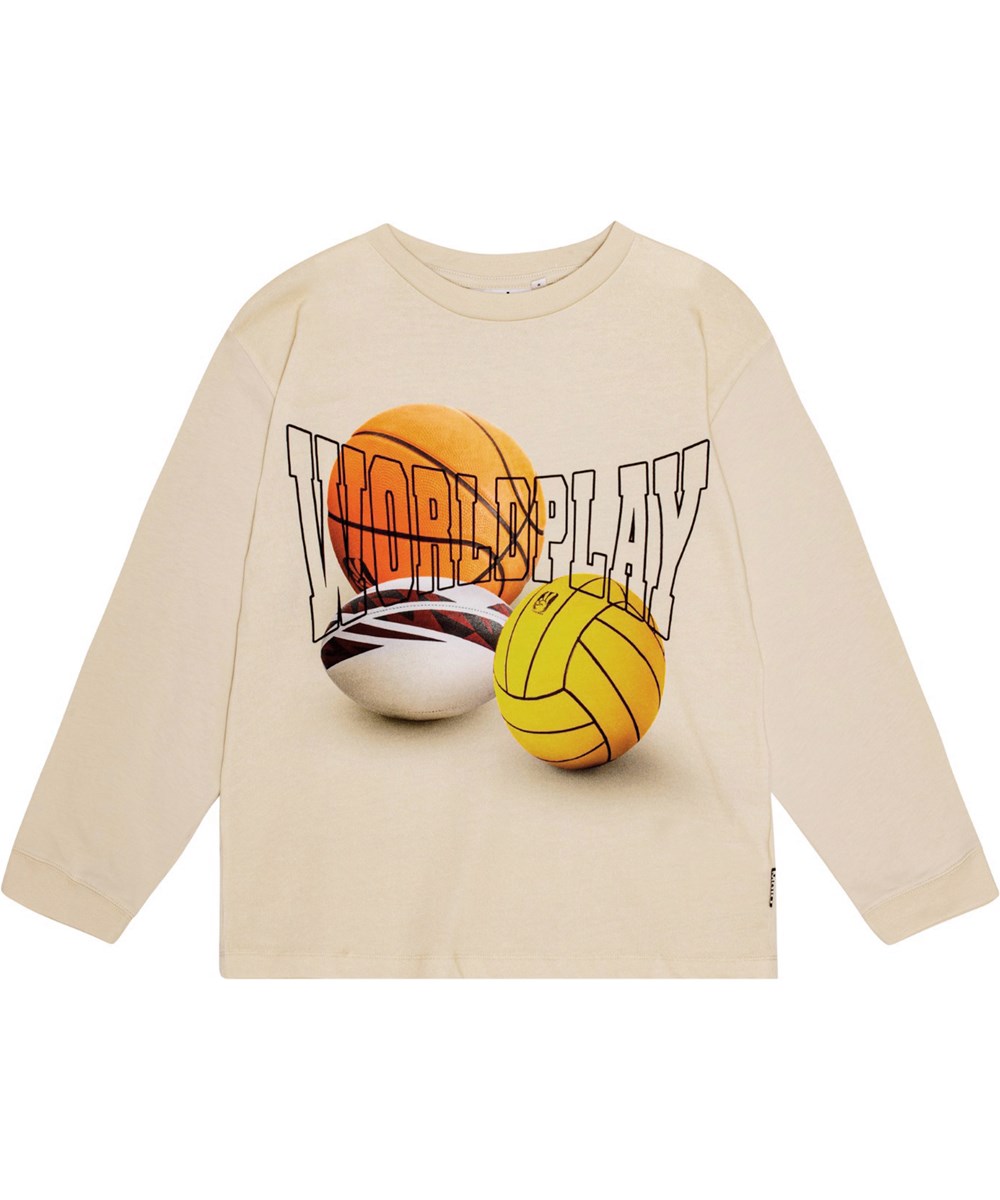 Rube - Three Balls - Off-white top in organic cotton with printed sports design.