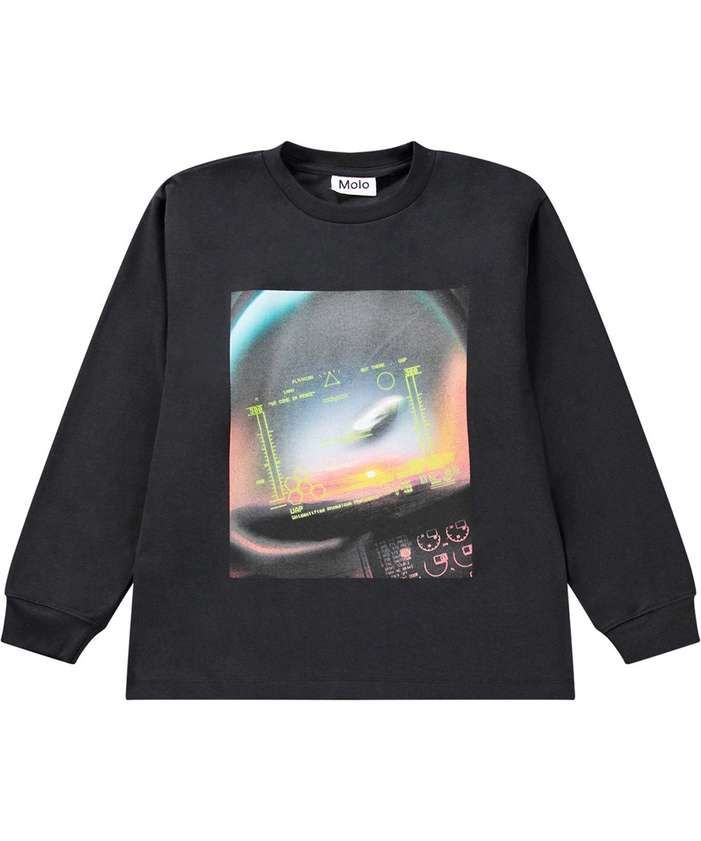 Rube - UAP Encounter - Long-sleeved black top in organic cotton with printed UFO design.