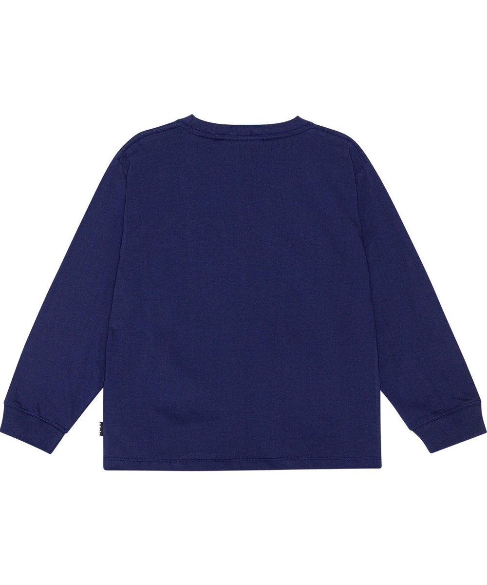 Rube - Visit From Afar - Dark blue, long sleeve t-shirt in organic cotton jersey with print of a dark night and flying UFO's that illuminate the forest's trees 