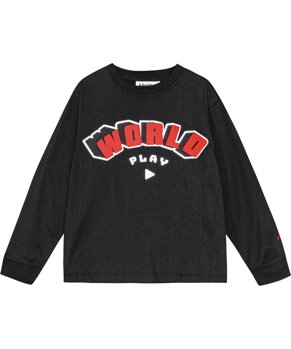 Rube - World Play - Long-sleeved black top in organic cotton with printed "World Play" design.