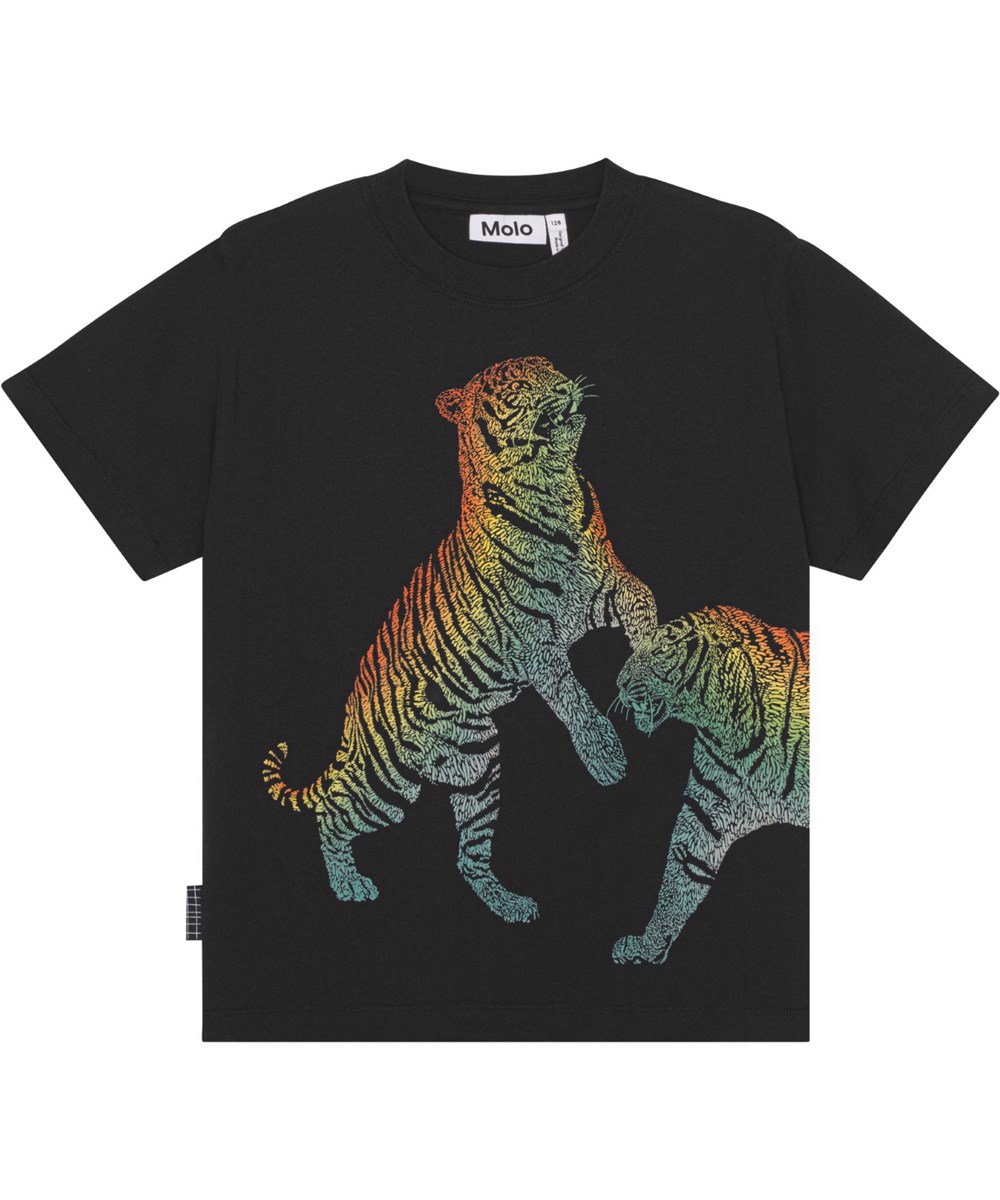 Rubin - Black - Black, organic t-shirt with placement rainbow tiger print