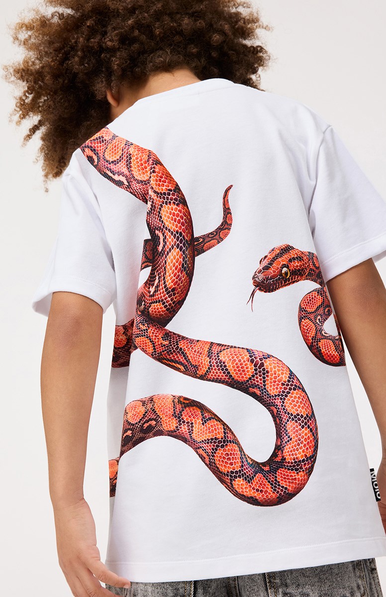 Rubin - Red Snake - White t-shirt for children in organic cotton with short sleeves and ribbed neckline.