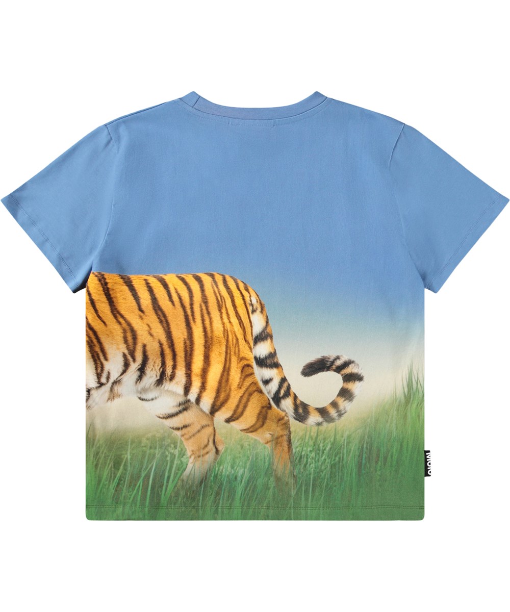 Rubin - Tiger On Blue - Blue T-shirt  for children made of organic cotton with a tiger print 