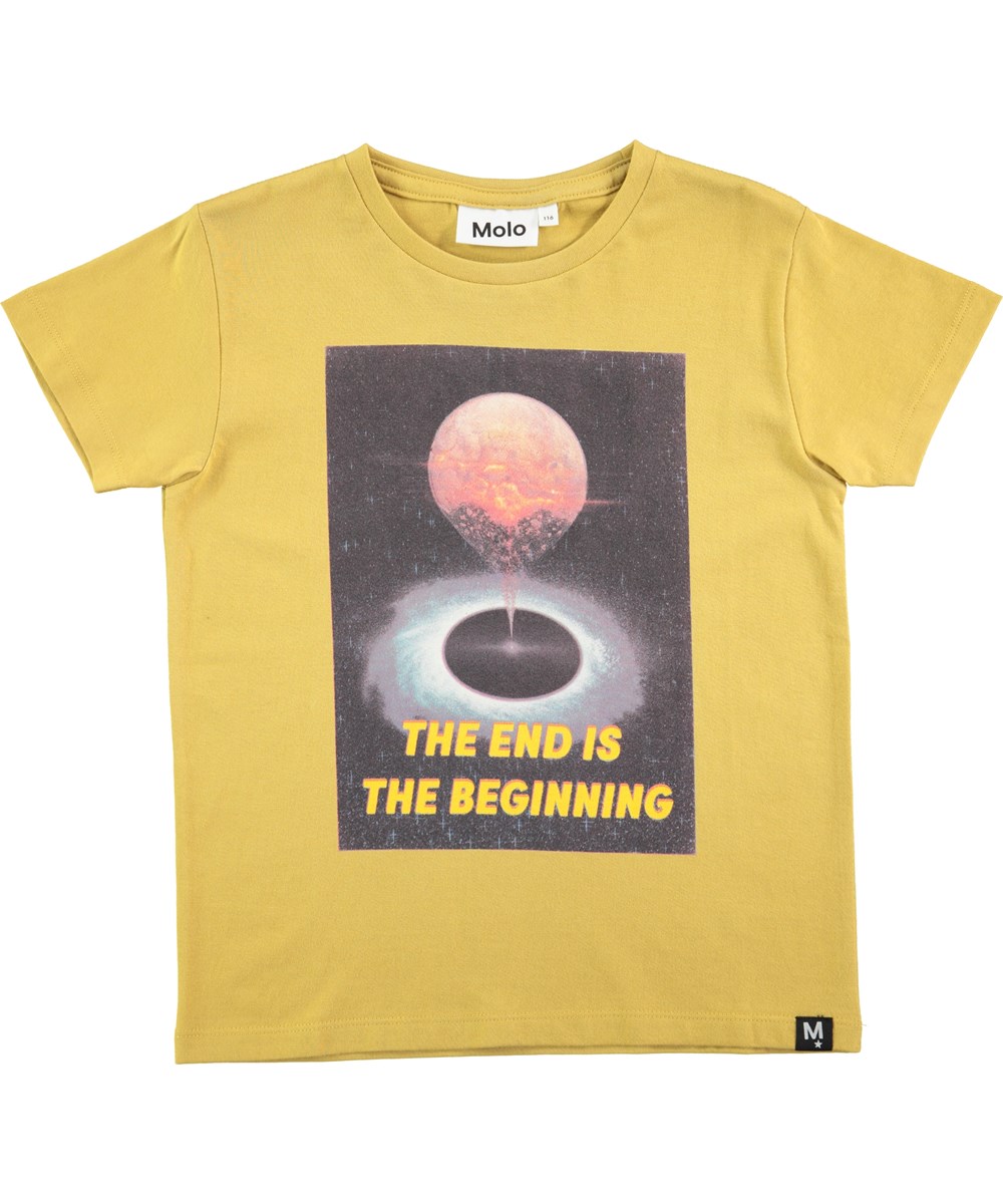 Runi - Gold Dust - Short sleeve curry yellow t-shirt with space print