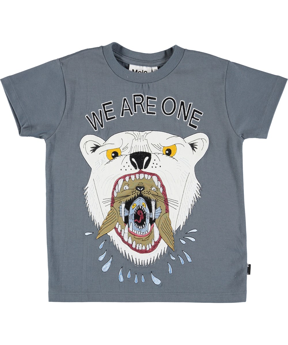 Runi - Stormy Weather - Dusty blue t-shirt with animals and graphic text 