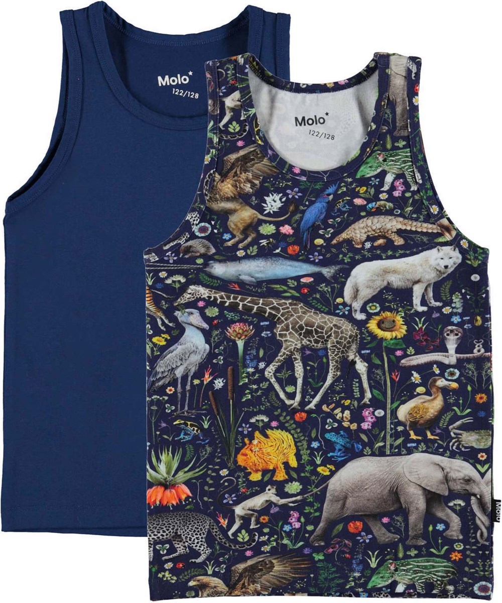 Jayden 2-pack - Blu Faunatastic - 2-pack vests in dark blue and fantasy animal print.
