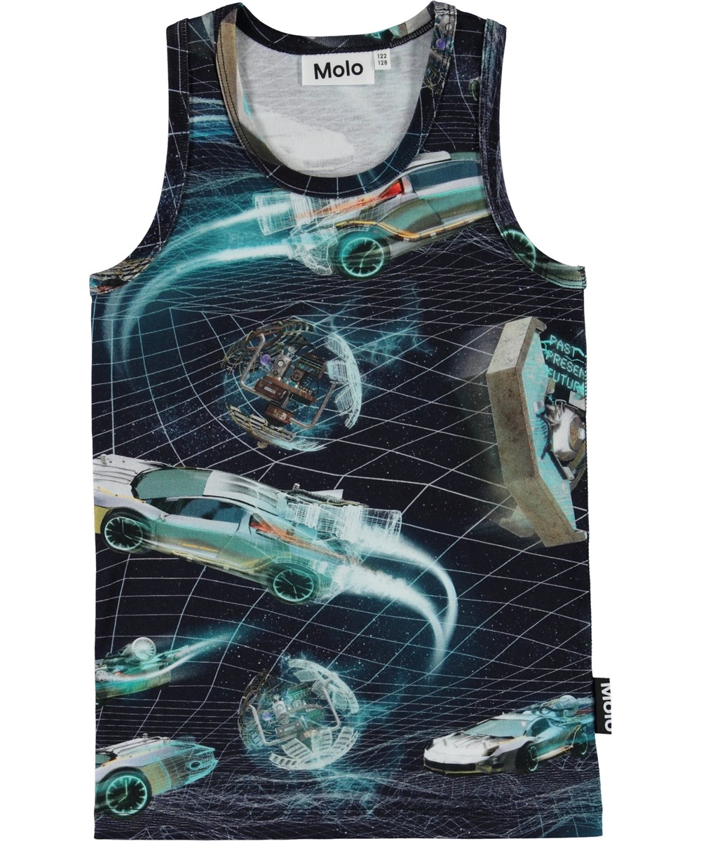 Jim - Time Machines - Blue organic vest with space travels 