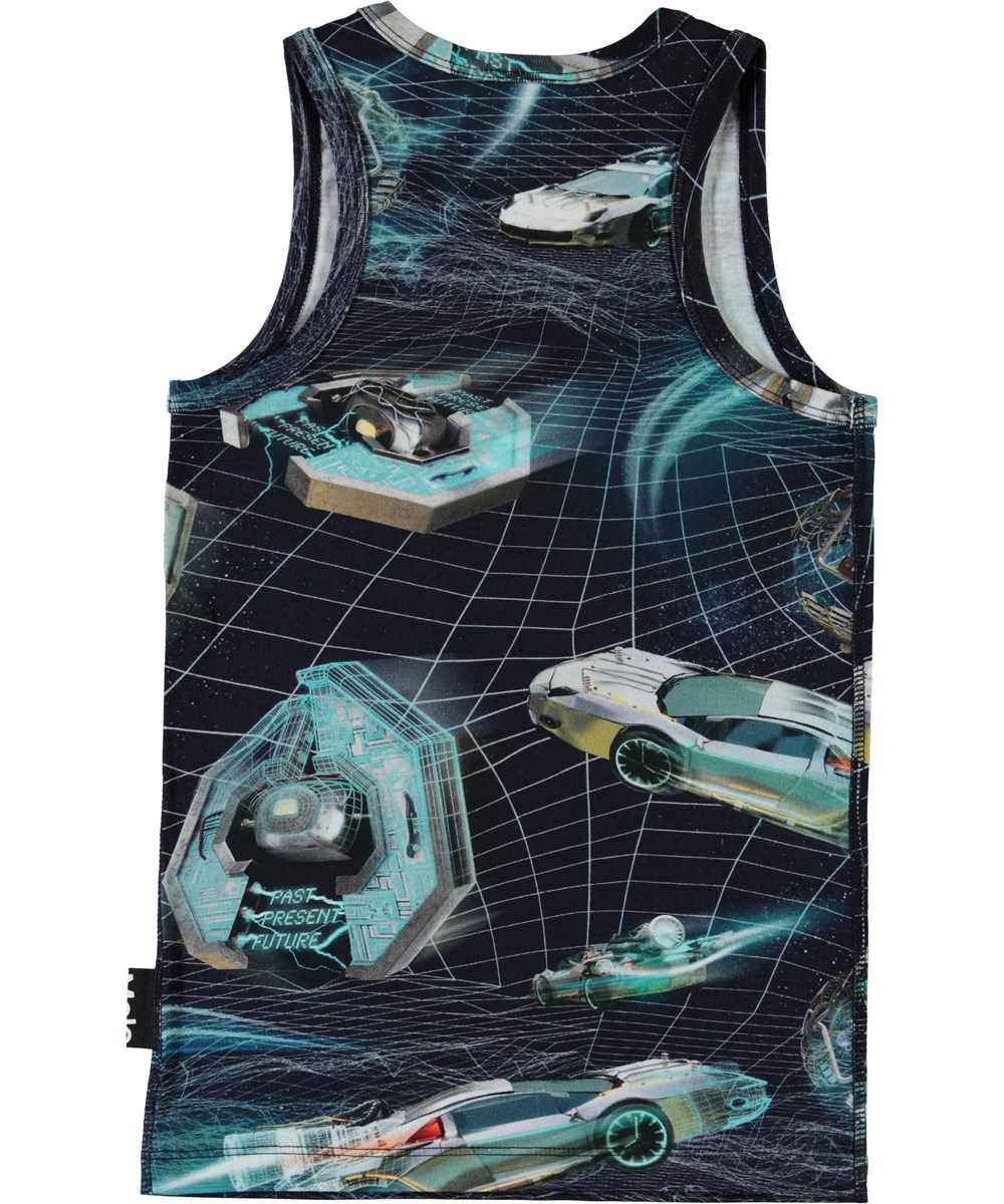 Jim - Time Machines - Blue organic vest with space travels 